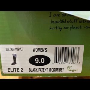 Earth Brand Black Patent Wellies, zip up.Worn 2x. Flower detail on outside heal